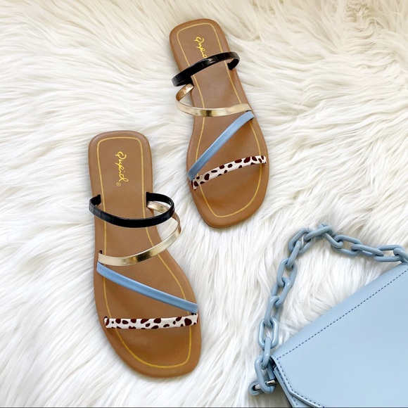 Strappy square toe slip on sandals slides flat - Picture 8 of 12